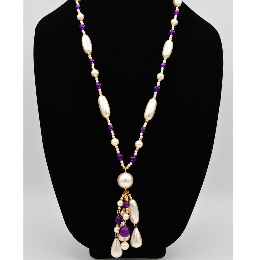 Vintage Beaded Tassel Necklace Purple Lucite White Faux Pearl Gold NOS 80s BinA5